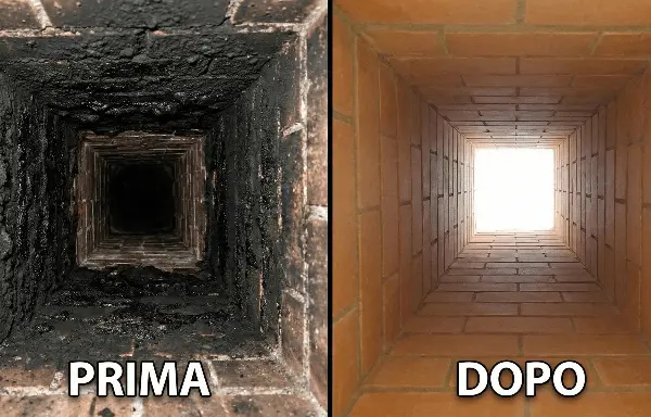 Confronto prima e dopo la pulizia di una canna fumaria incrostata di fuliggine, eseguita da Spazzacamino Romagna